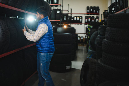 Indian man browsing car tires on shelves in an auto repair shop or vehicle service center, holding a flashlightの写真素材