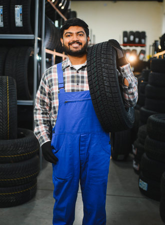 Man in overalls working in an automotive store, carrying a new car tire, providing professional wheel serviceの写真素材