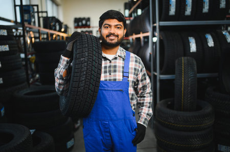 Young male mechanic holding a car tire, standing in an auto service garage with racks of tires in the backgroundの写真素材