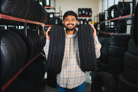 Smiling man finding tire service for his vehicle. Expert staff assisting customers in selecting...