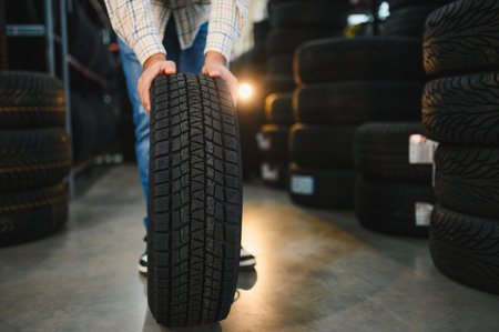 Person carrying a fresh car tire with visible tread in an automotive service shop, focusing on...