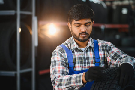 Young male mechanic technician checking tread depth and condition of a tire at an automotive workshopの写真素材