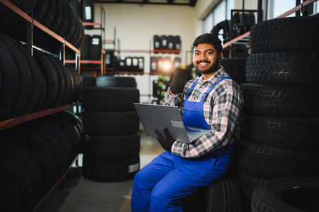 Young Indian man with work overalls giving thumbs up, using a laptop in an automotive service or...