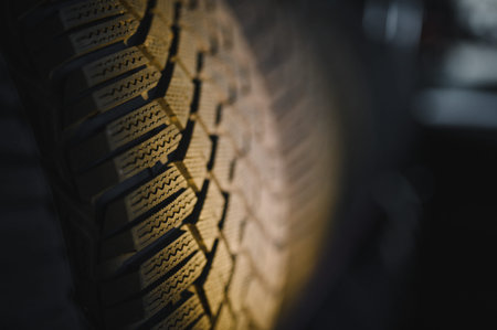 Tire showing detailed rubber thread. Capturing texture and pattern for automotive, transport, and safety themesの写真素材