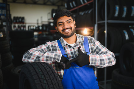 Happy indian mechanic in blue overalls and plaid shirt standing in tire shop, smiling confidently and giving a thumbs upの写真素材