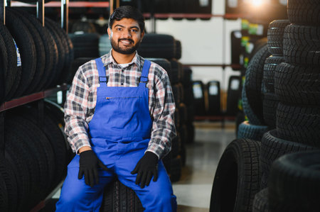 Young Indian man wearing blue overalls and gloves, sitting on a tire, smiling in an automotive service centerの写真素材