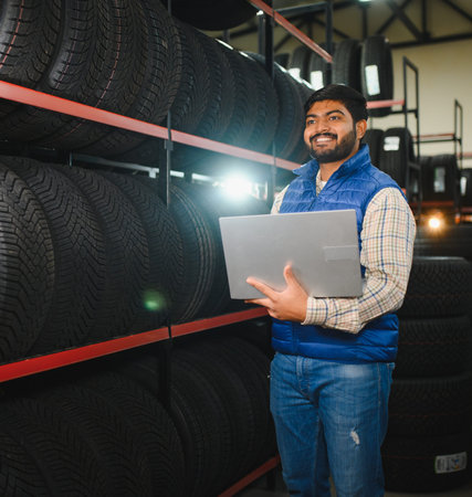 Indian man in a blue vest using a laptop, checking inventory in a tire store or automotive...