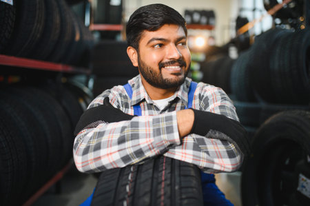 Young man in overalls wearing work gloves, leaning on an automotive tire in a car service station, ready to help customersの写真素材