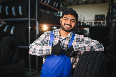 Young male mechanic smiling, leaning on a tire, giving a thumbs up in an auto service and car repair...
