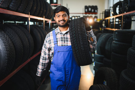 Young Indian man standing in a tire store, holding a new car tire and smiling, working in auto...