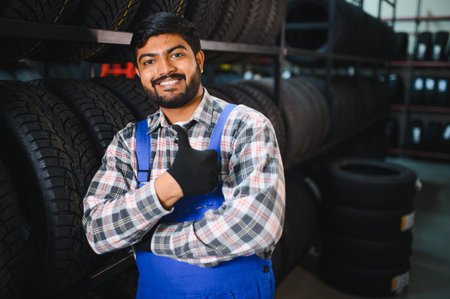Young man working in a tire store, wearing overalls and smiling, giving a thumbs up gesture for good...