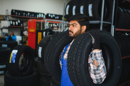 Male mechanic carrying multiple car tires on his shoulders for automotive service and vehicle maintenance in a tire storeの写真素材