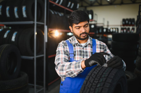 Indian man wearing plaid shirt and overalls, meticulously checking new tire tread depth. Garage shelves filled with tires in backgroundの写真素材