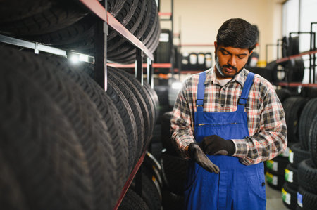 Indian mechanic in overalls putting on work gloves in tire garage, preparing for car service with focused, professional demeanorの写真素材