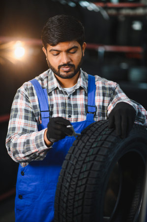 Young Indian man wearing blue overalls and plaid shirt inspecting a tire's tread depth with a gauge...