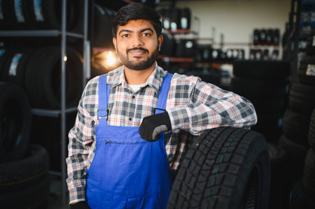 Young man in work uniform smiling inside automotive garage. Providing professional car maintenance and tire servicesの写真素材