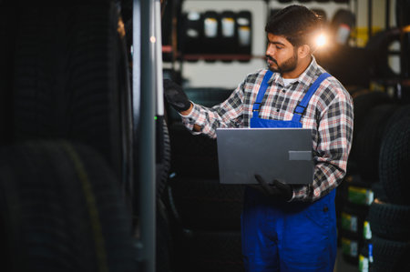 Indian technician wearing uniform and gloves, scanning inventory in a dark tire store warehouse...