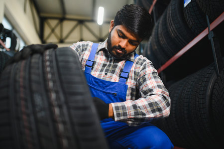 Young Indian mechanic in uniform inspecting new car tires in a professional auto service shop,...