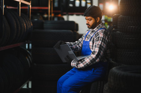 Indian man reviewing stock and managing inventory in auto service center warehouse with tires stacked on shelvesの写真素材