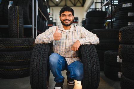 Smiling indian mechanic crouching beside stacked new tires in a garage, giving thumbs upconfident,...