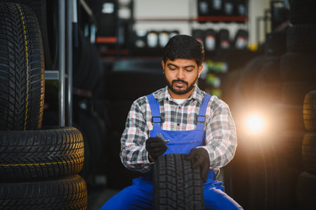 Male auto service worker in blue overalls inspecting a vehicle wheel at a tire maintenance and...