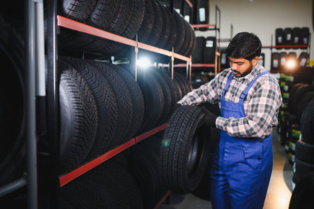 Indian man in uniform working in an automotive workshop, checking and stocking new car tires on warehouse shelves