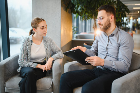Young woman discussing problems with male therapist, receiving professional counseling and mental...