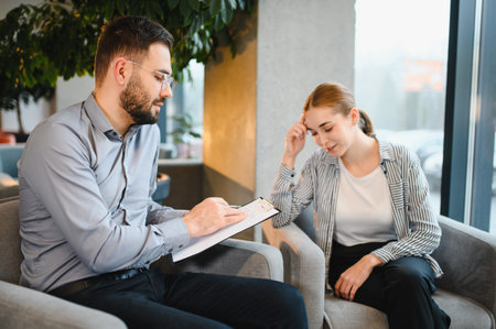Psychologist providing professional consultation and support to a female patient, discussing mental health issues in an office environmentの写真素材