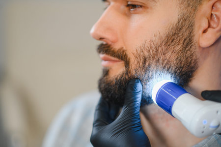 Expert trichologist performing a dermatoscopic examination on a male patient's beard and skin to...