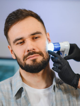Trichologist examining a male patient's beard and skin with a dermatoscope in a modern clinic...