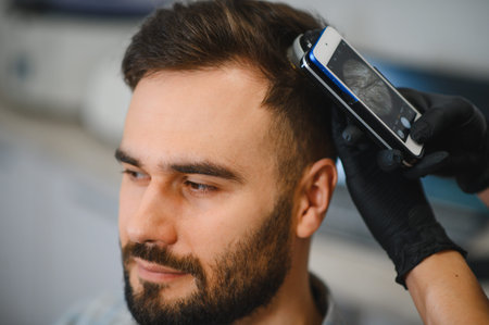 Medical professional performing hair and scalp trichology examination on a male patient using a...