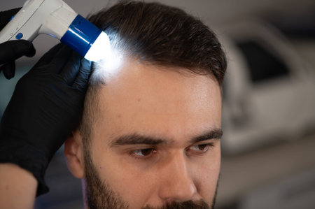 Trichologist examining male patient's scalp and hair with a dermatoscope. Medical professional...