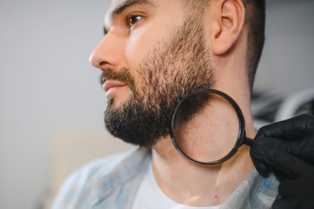 Doctor dermatologist examining a male patient's neck skin for moles and skin issues with a...