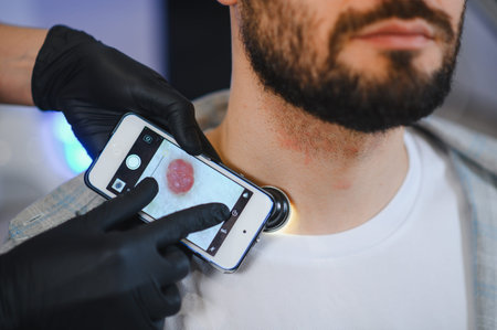 Doctor examining patient's mole on the neck with a smartphone attachment dermatoscope, screening for...