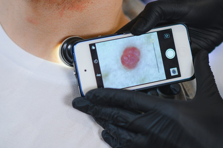 Dermatologist examining a patient's mole on the neck with a dermatoscope attached to a smartphone...