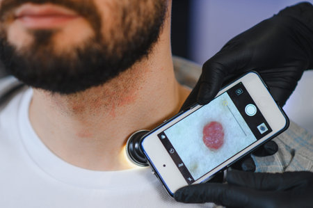 Dermatologist examining a patient's neck mole with a mobile phone attached dermatoscope for skin...