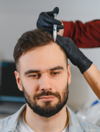 Young man getting growth factor injections from a trichologist, addressing hair loss and promoting scalp health in a clinic settingの写真素材