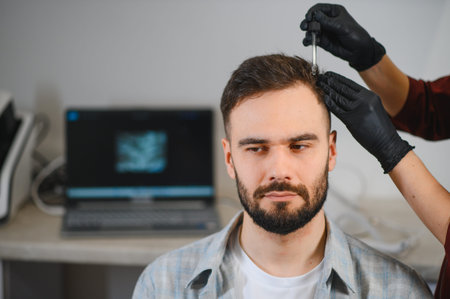 Person applying serum on a male patient's scalp, addressing hair loss and promoting hair growth in a professional clinicの写真素材
