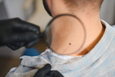 Doctor in black gloves inspecting a mole on a male patient's neck with magnifying glass for skin cancer screening and diagnosisの写真素材