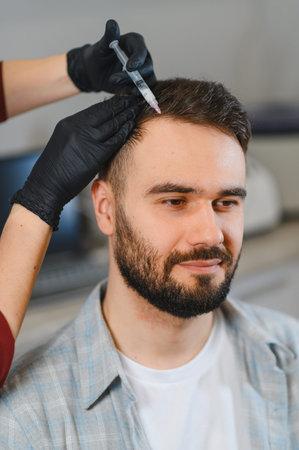 Professional trichologist providing mesotherapy injections on a man's scalp, stimulating hair growth...