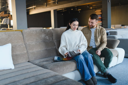Young couple on sofa comparing fabric swatches in a furniture showroom, choosing upholstery for their new home and interior design projectの写真素材