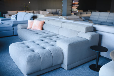 Sectional sofa with tufting details and cushions on display, showcasing modern design and comfort in...