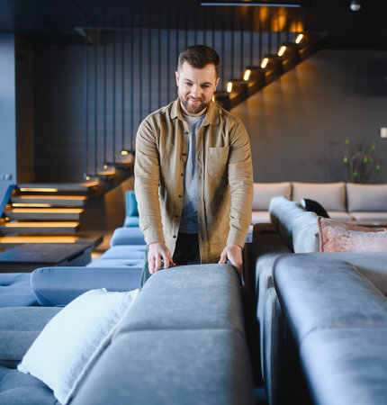 Man examining a sofa in a modern furniture store showroom, selecting new living room furniture for his homeの写真素材