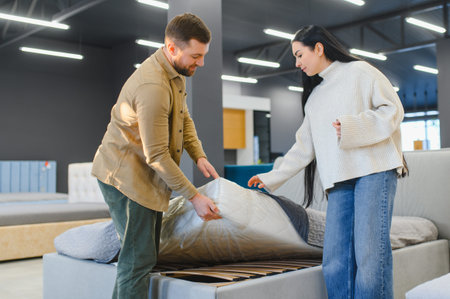 Young couple shopping furniture, inspecting a new mattress for their bed in a modern retail showroom, looking for comfortの写真素材