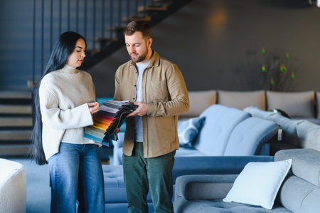 Couple colorful browsing fabric samples, making selection for sofa upholstery. Furnishing new apartmentの写真素材