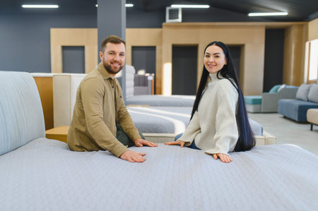 Young couple sitting on a mattress, smiling and looking at camera while shopping for new bedroom furniture in a modern storeの写真素材