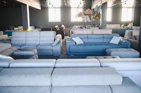 Modern furniture store showroom offering various sofas, couches, and seating options for home decor and lifestyleの写真素材