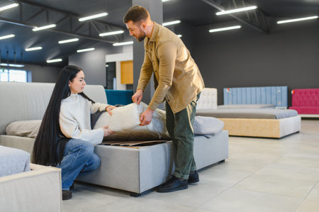 Couple examining a bed with hidden storage in a modern furniture showroom, making decisions for their home furnishingの写真素材