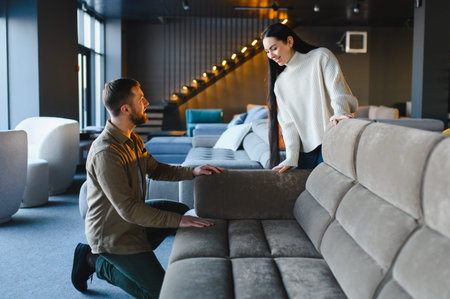 Happy young couple examining a modern sofa in a spacious furniture showroom, planning their home interior designの写真素材