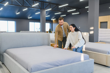 Young couple comparing mattresses and beds in a modern furniture showroom, making purchase decision for their homeの写真素材